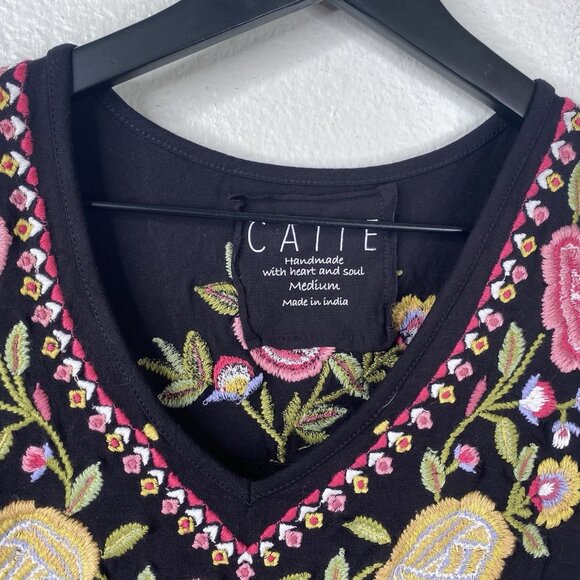 Caite Dress Women's Black Sz M Embroidered Floral Short Sleeves Boho Bloomcore - Picture 3 of 10